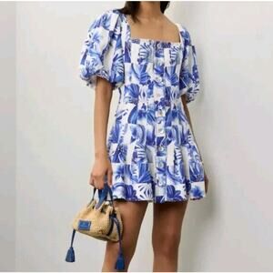 Caroline Constas Blue Floral Puff Sleeve Linen Blend Dress NWT